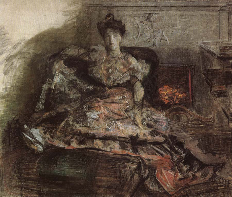 Arter the concert:nadezhda zabela-Vrubel by the fireplace wearing a dress designed by the artist